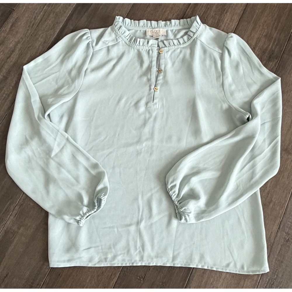 LOFT Blouse Small Petite Sage Green Ruffle Neck Long Sleeve Button Front